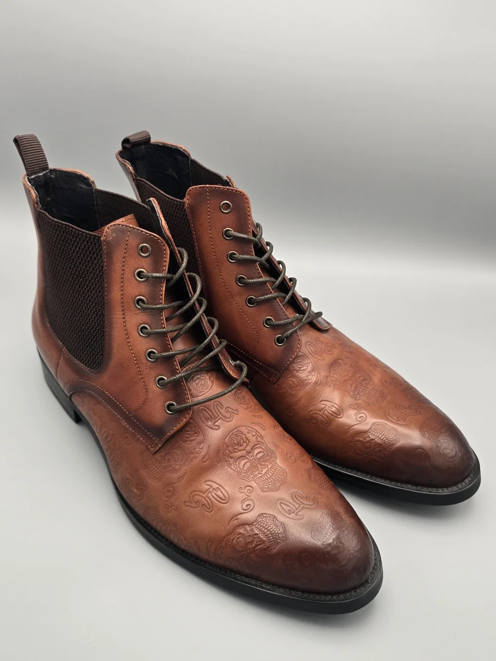 Men's Brown Leather Embossed Lace-Up Boots